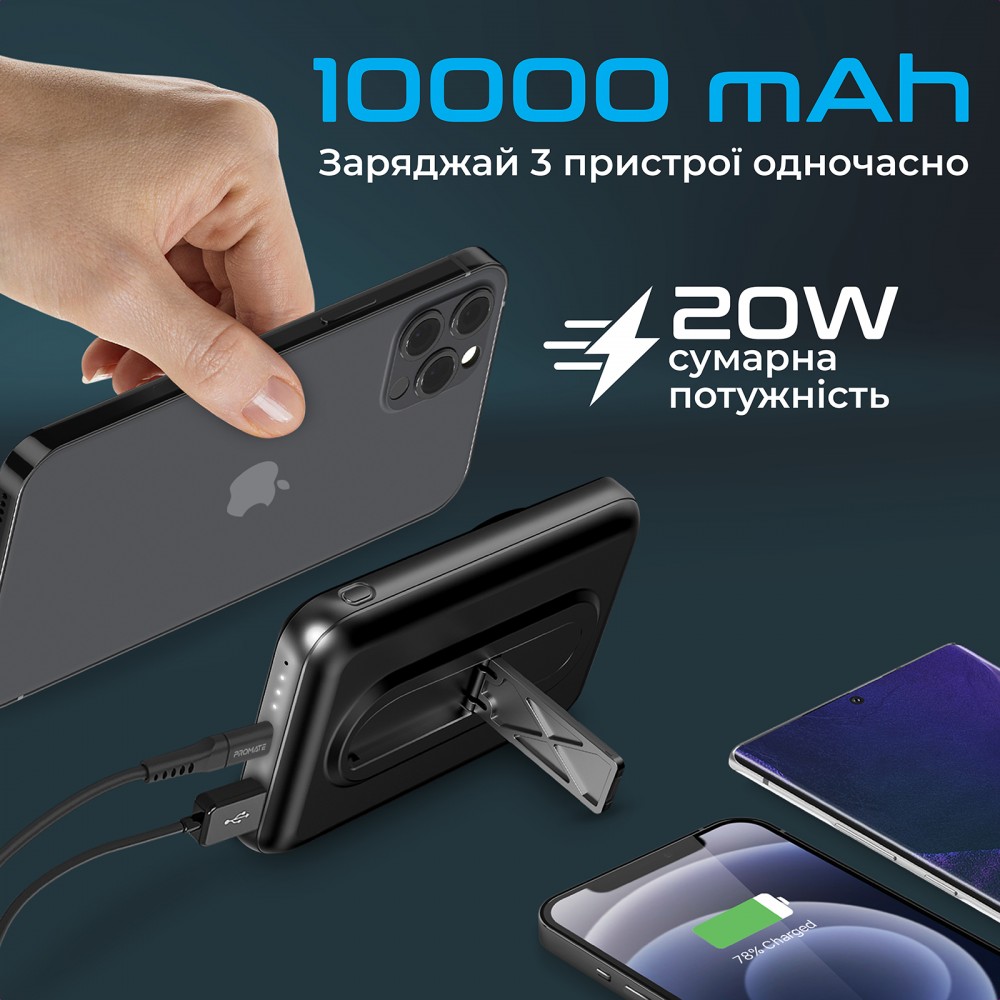 Универсальная мобильная батарея Promate PowerMag-10Pro Black 10000mAh