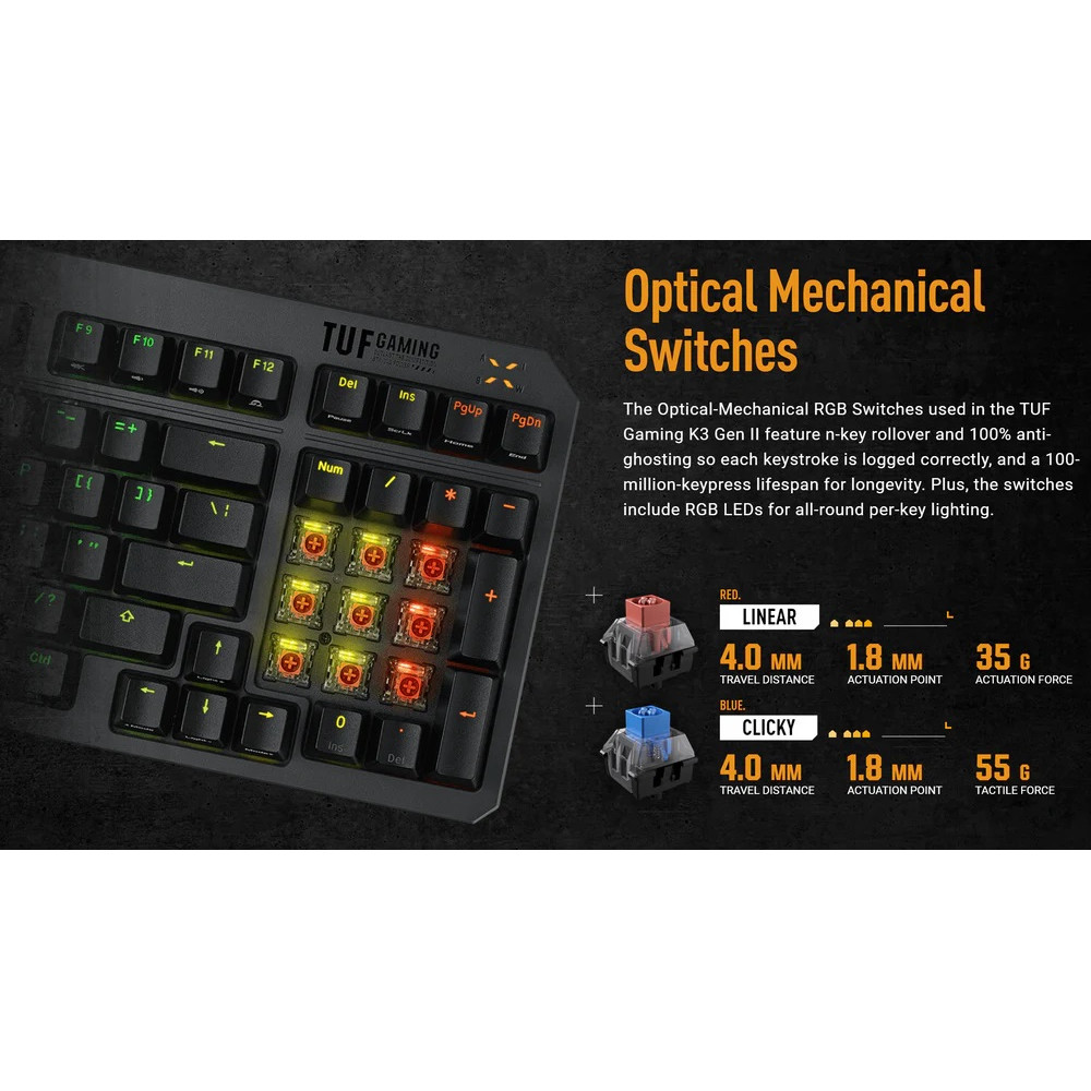 Клавиатура Asus TUF Gaming K3 Gen II Opti-Mech RGB 97key Switches ABS Black (90MP0390-BKMA00)