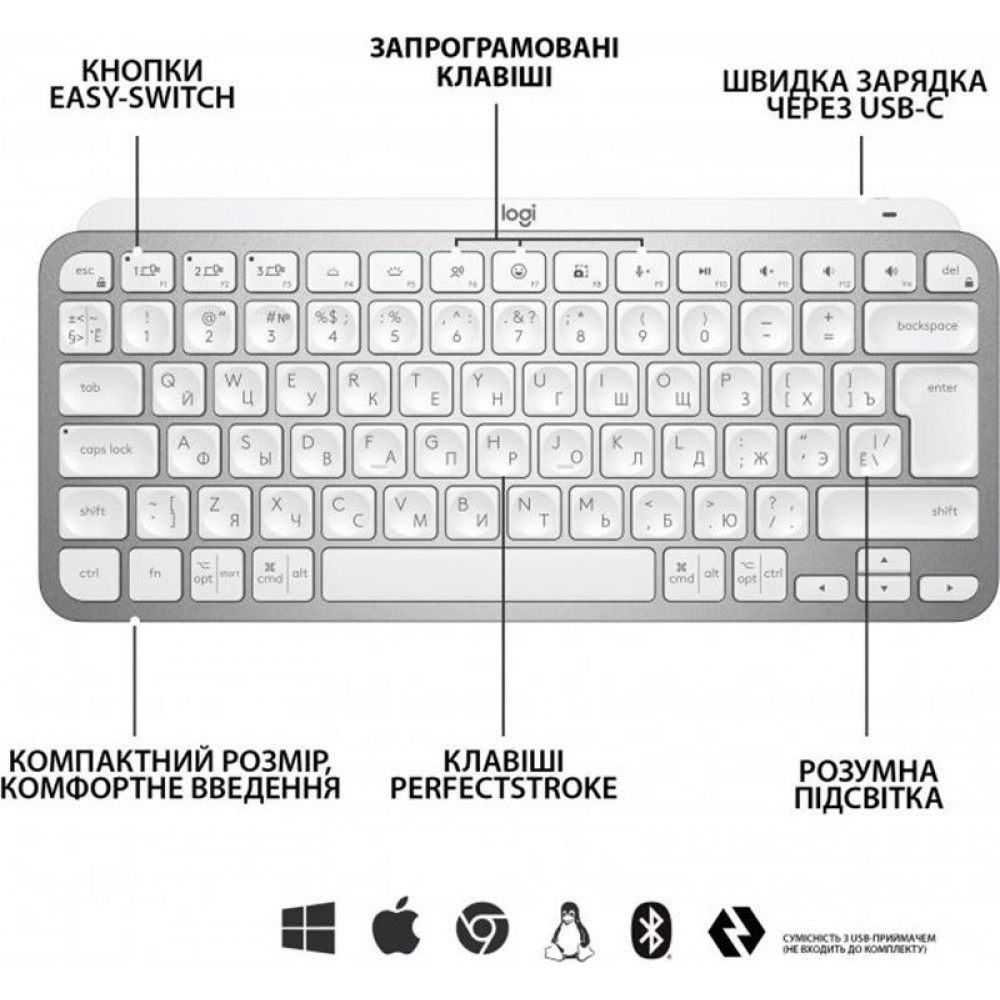 Клавиатура беспроводная Logitech MX Keys Mini Wireless Illuminated RU Pale Gray (920-010499)