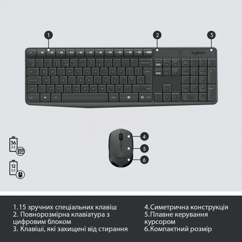 Комплект (клавіатура, мишка) бездротовий Logitech MK235 ENG/UKR Grey USB (920-007931)