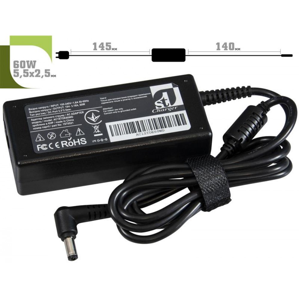 Блок живлення 1StCharger для ноутбука Dell 19V 60W 3.16A 5.5х2.5мм + каб.живл. (AC1STDE60WD)