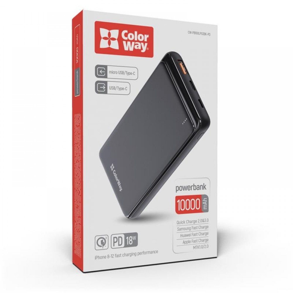 Power Bank ColorWay Slim PD 10000mAh Black (CW-PB100LPG3BK-PD)