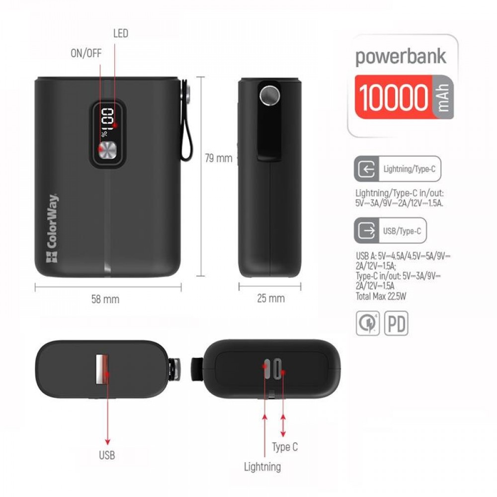 Power Bank ColorWay Full Power 10000mAh Black (CW-PB100LPK2BK-PDD)