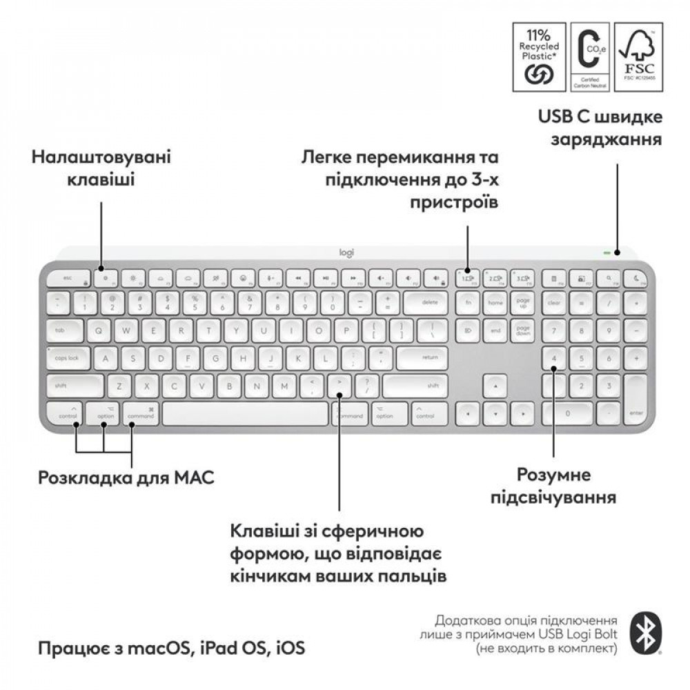 Клавиатура беспроводная Logitech MX Keys S для Mac Pale Grey (920-011638)