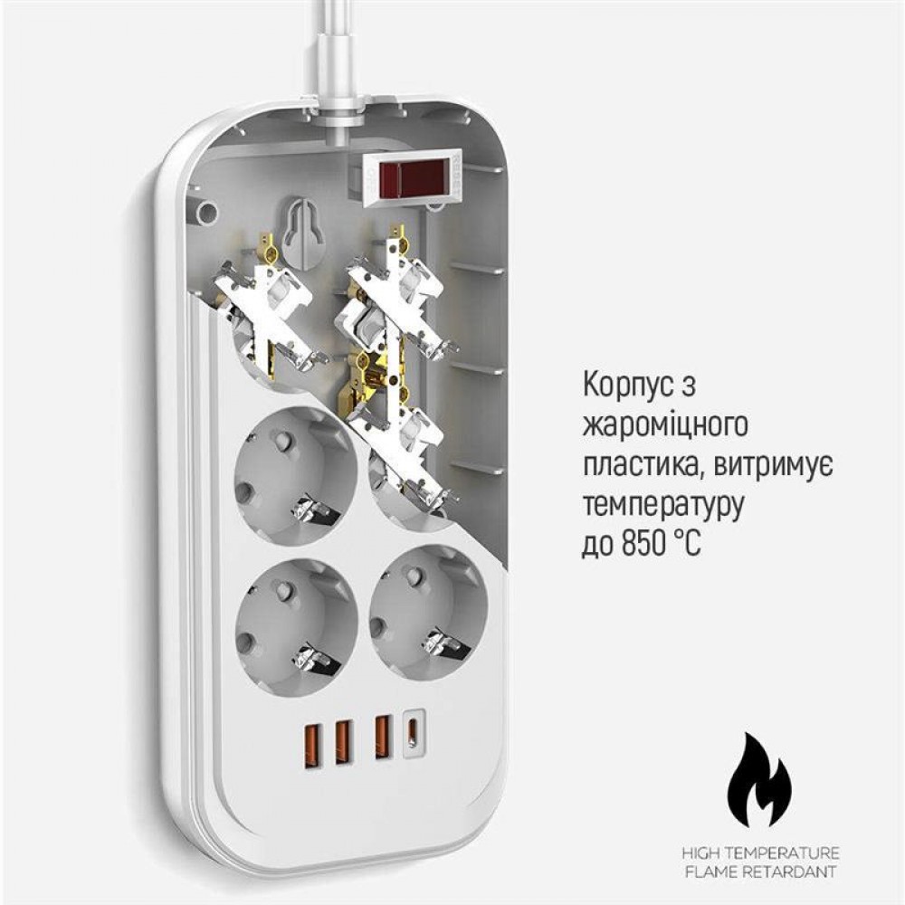 Фільтр живлення ColorWay CW-CHE64PDW 6 розеток, 4USB (Type-C PD20W + 3USB QC3.0) (38W), 2м, White