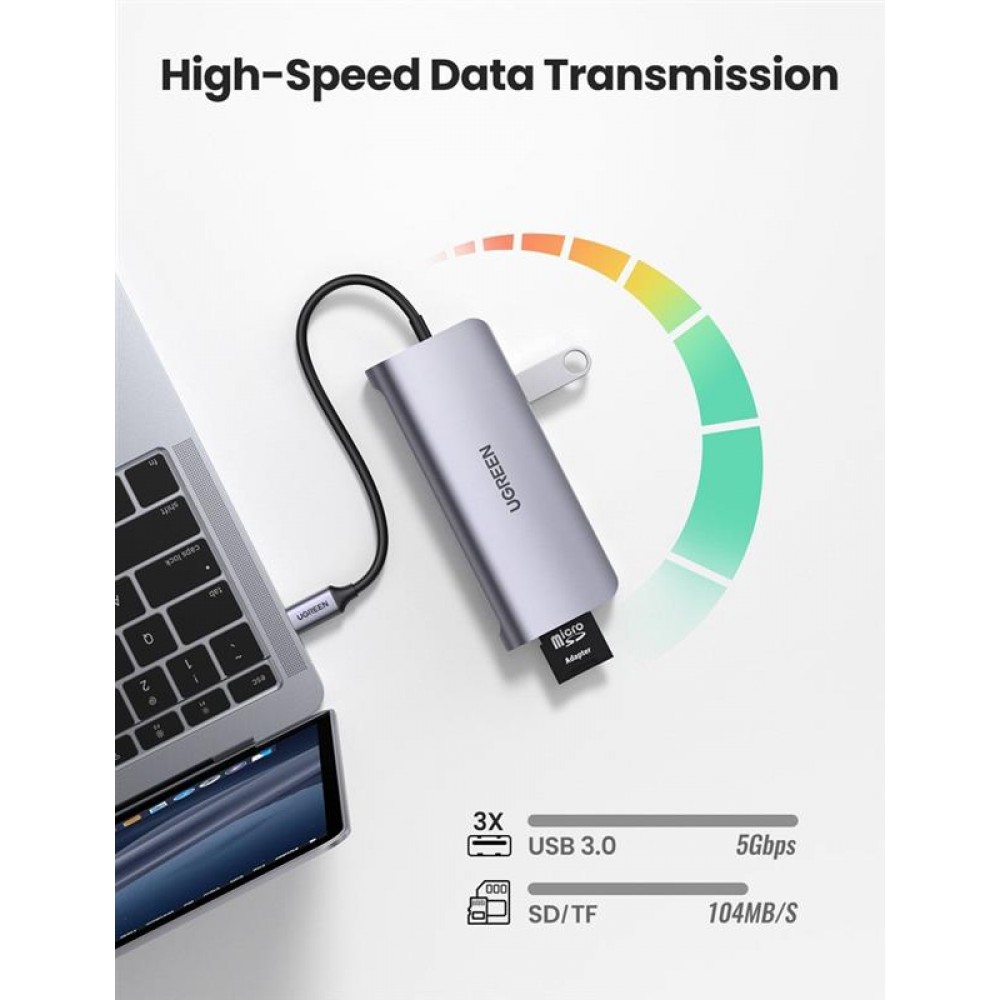 Концентратор USB Type-C Ugreen CM179 3xUSB 3.0 + HDMI + VGA + RJ45 1000M Ethernet + Cardreader, Gray (40873)