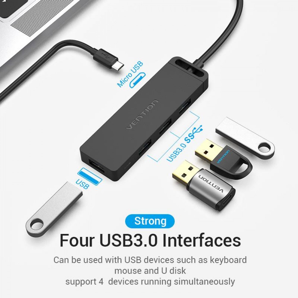 Концентратор Vention 4-Port с micro USB питанием 0.15M Black (TGKBB)