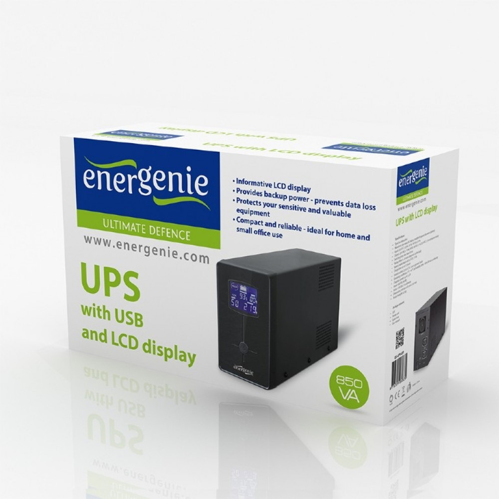 ДБЖ EnerGenie EG-UPS-032 850VA, Line Int., AVR, 2xIEC+1xSchuko, USB, LCD, RJ11