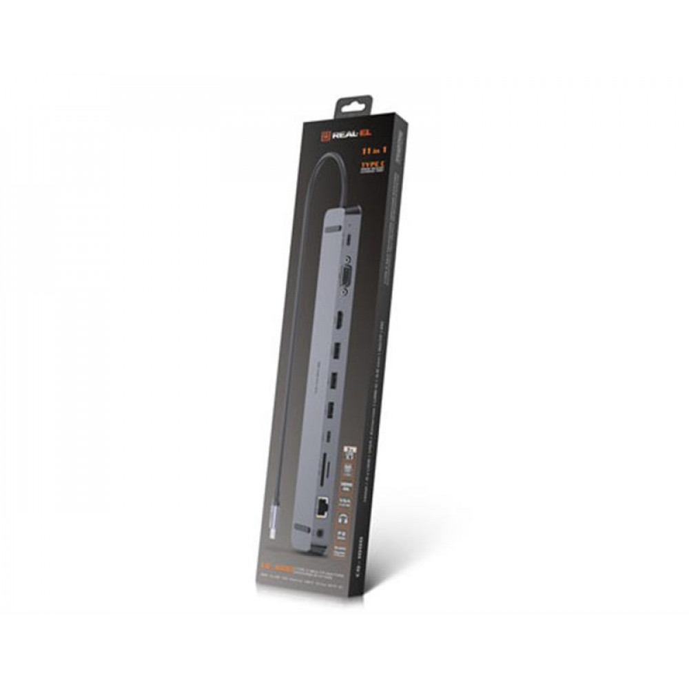 Концентратор REAL-EL CQ-1000 USB3.0х3/USB-C/HDMI/VGA/RJ45/SD/TF/3.5 mm audio, 0.4m, Space Grey