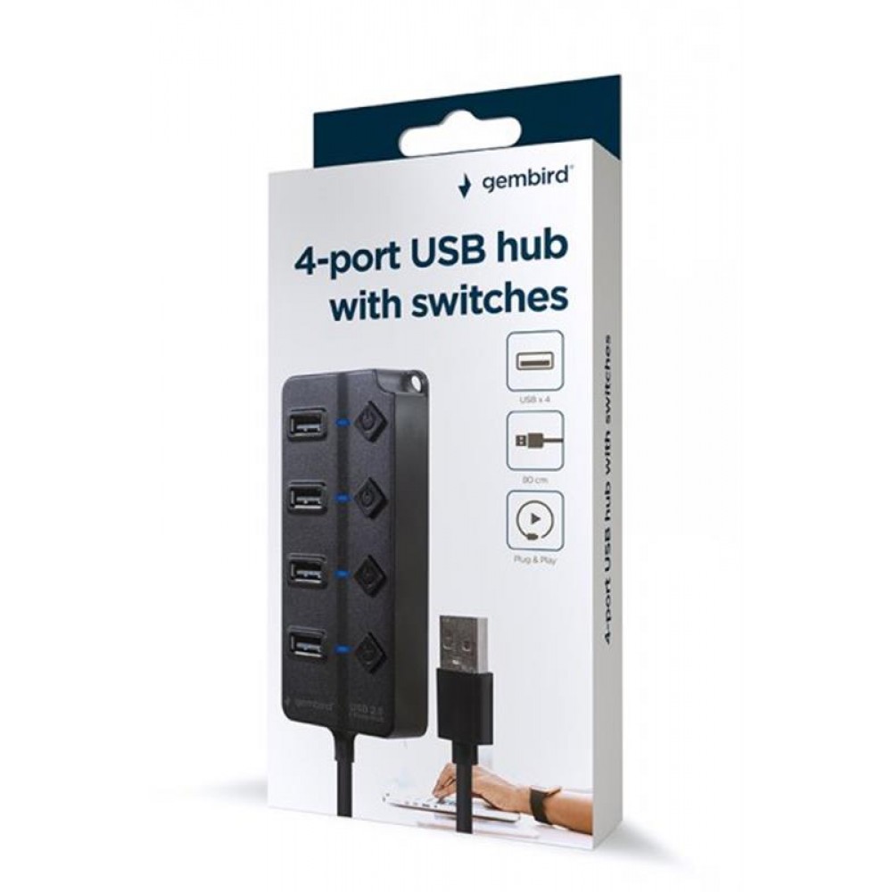 Концентратор USB 2.0 Gembird 4хUSB2.0, с выключателями, пластик, Black (UHB-U2P4P-01)