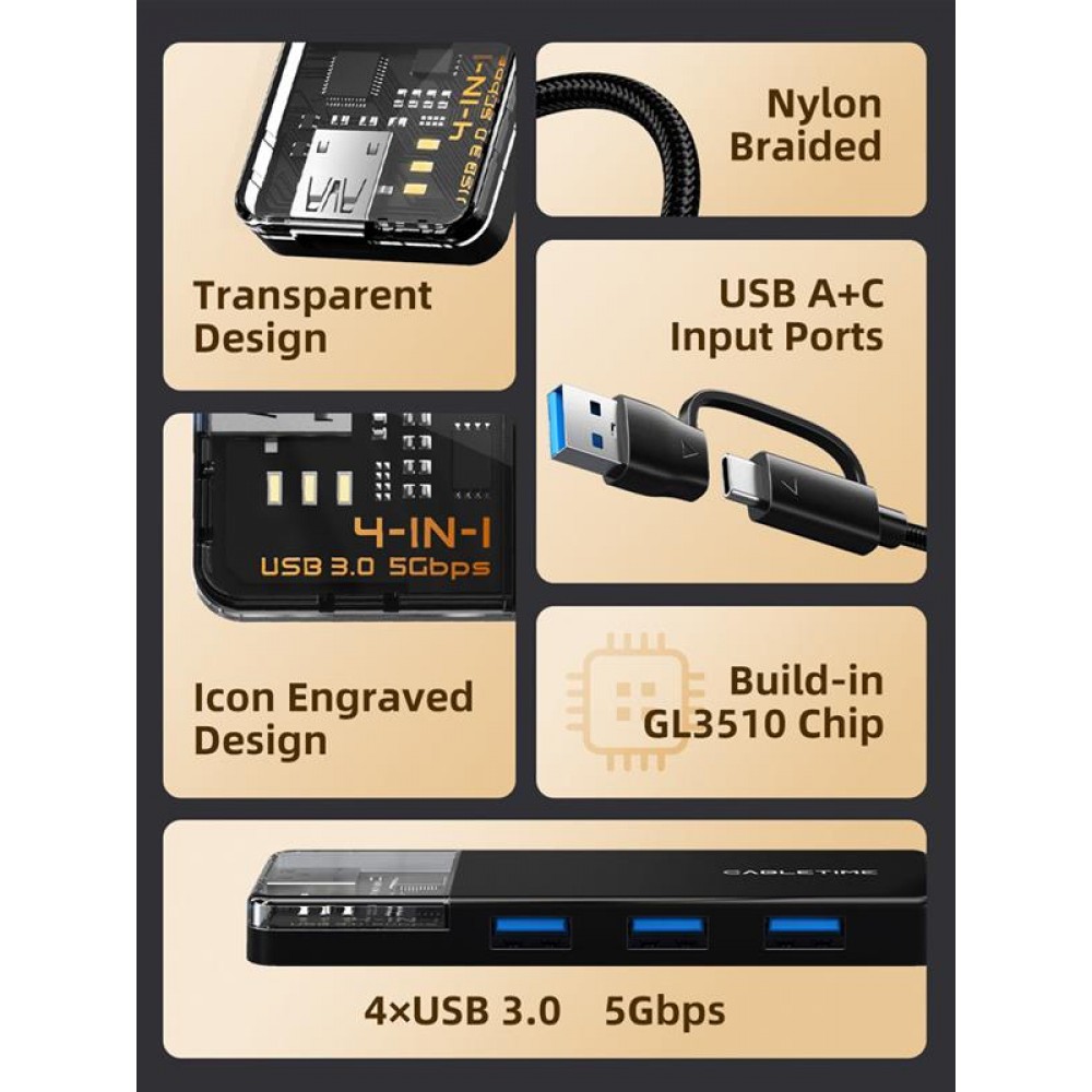 Концентратор Cabletime USB Type C-4 Port USB 3.0, 0.15 m (CB03B)