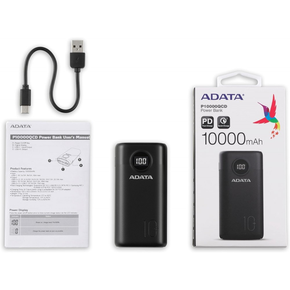 Универсальная мобильная батарея A-DATA P10000QCD 10000mAh Black (AP10000QCD-DGT-CBK)