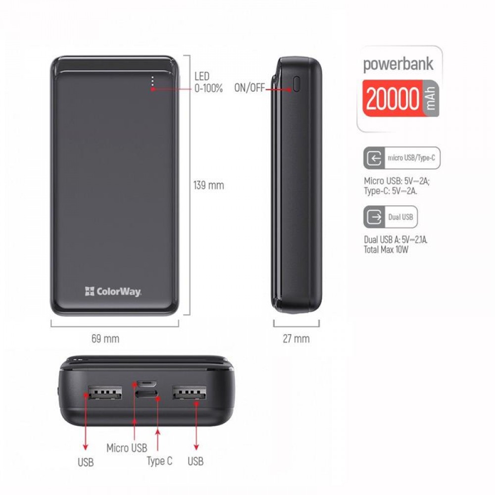 Power Bank ColorWay Slim 20000mAh Black (CW-PB200LPD2BK)