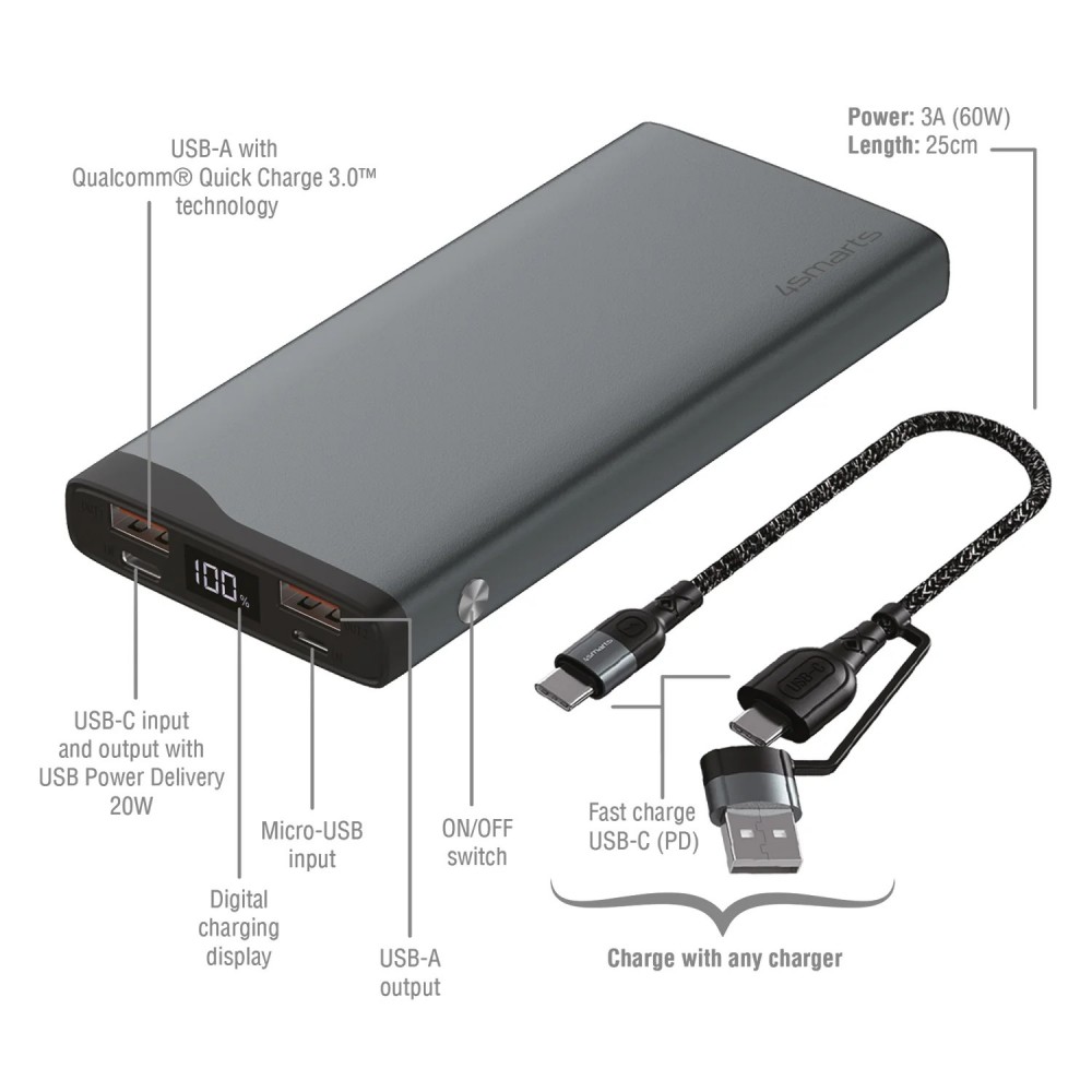 Power Bank 4smarts VoltHub Pro 10000mAh 22.5W with Quick Charge, PD gunmetal *Select Edition*