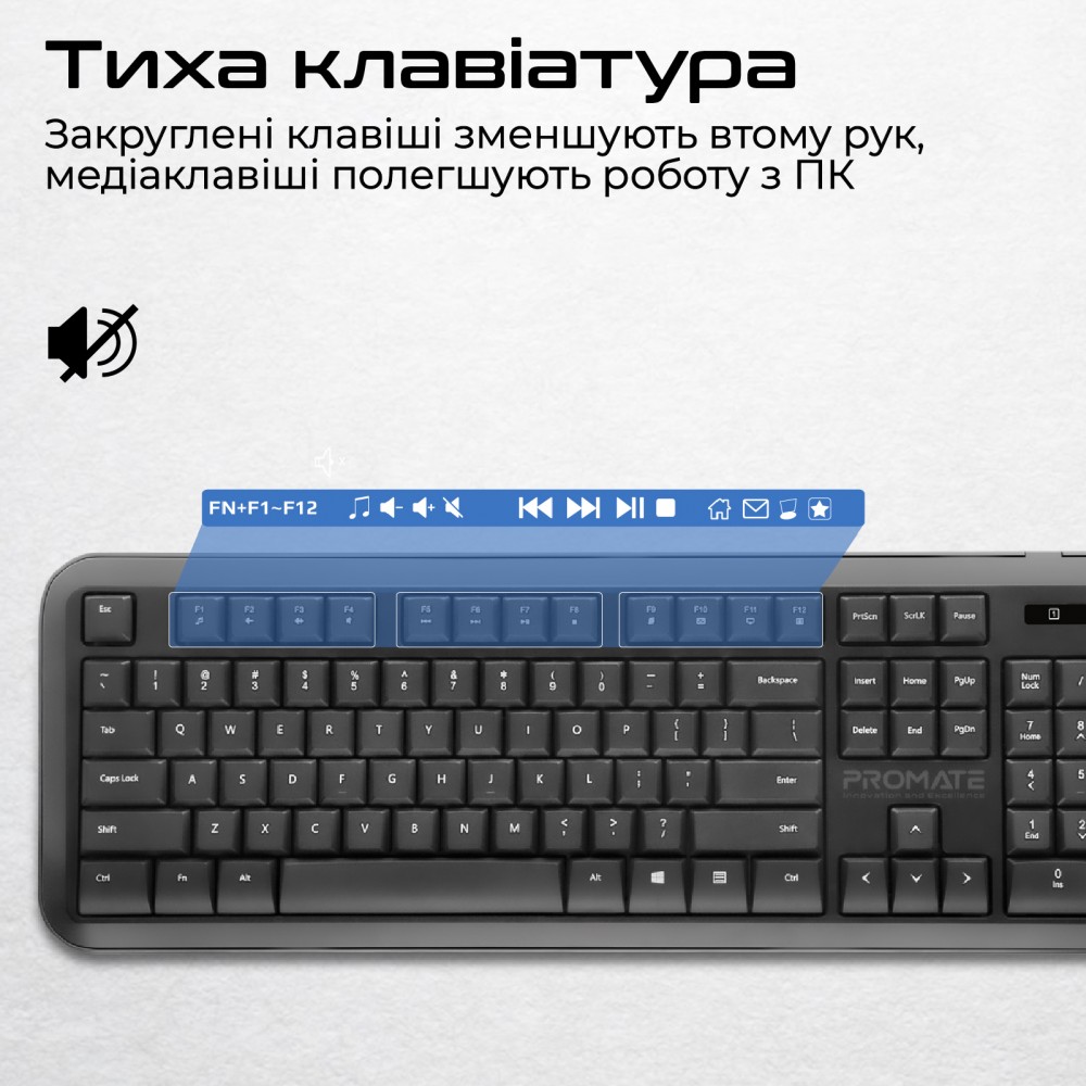 Комплект (клавіатура, мишка) бездротовий Promate ProCombo-6 Black