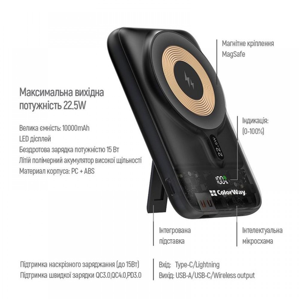 Універсальна мобільна батарея ColorWay 15W MagSafe 10000mAh Black (CW-PB100LPA3BK-WPDD)