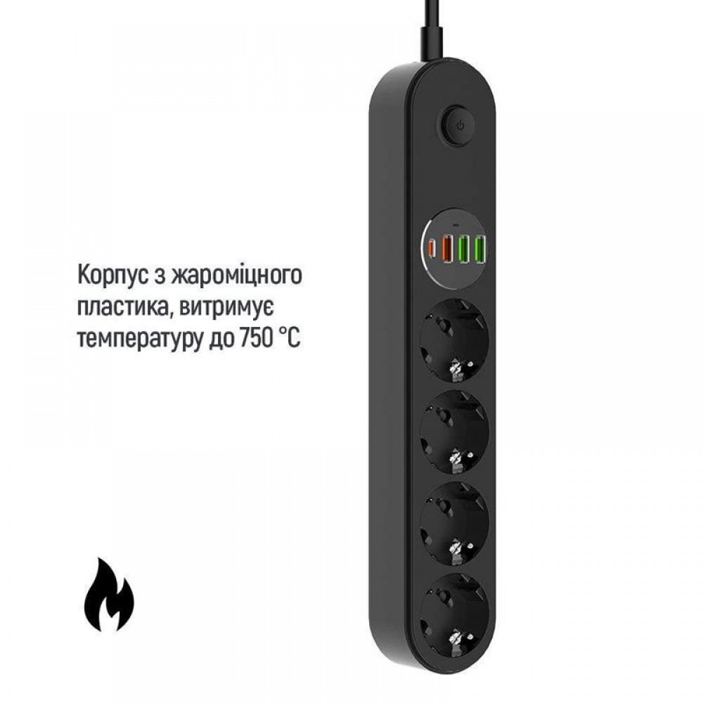 Фільтр живлення ColorWay CW-CHE44PDB 4 розетки, 4USB (Type-C PD20W + 3USB QC3.0) (45W), 2м, Black