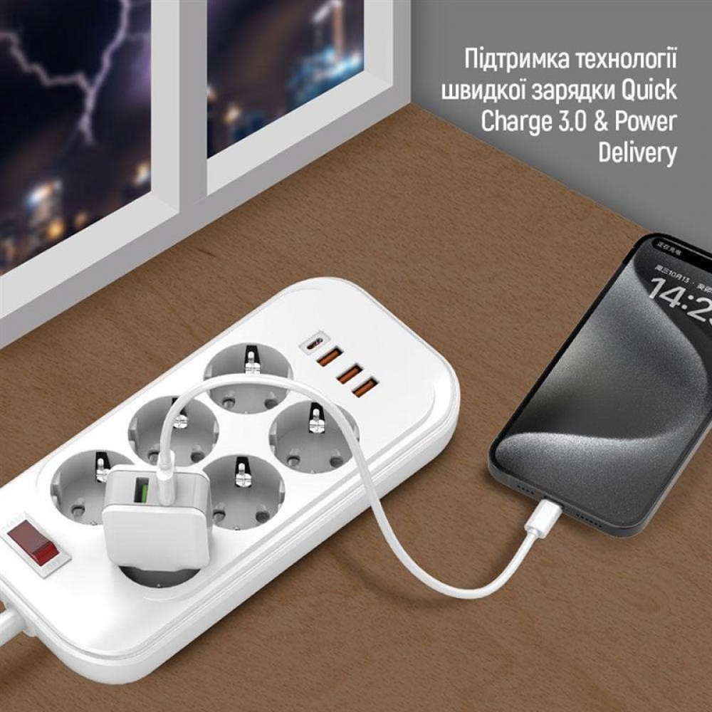 Фільтр живлення ColorWay CW-CHE64PDW 6 розеток, 4USB (Type-C PD20W + 3USB QC3.0) (38W), 2м, White