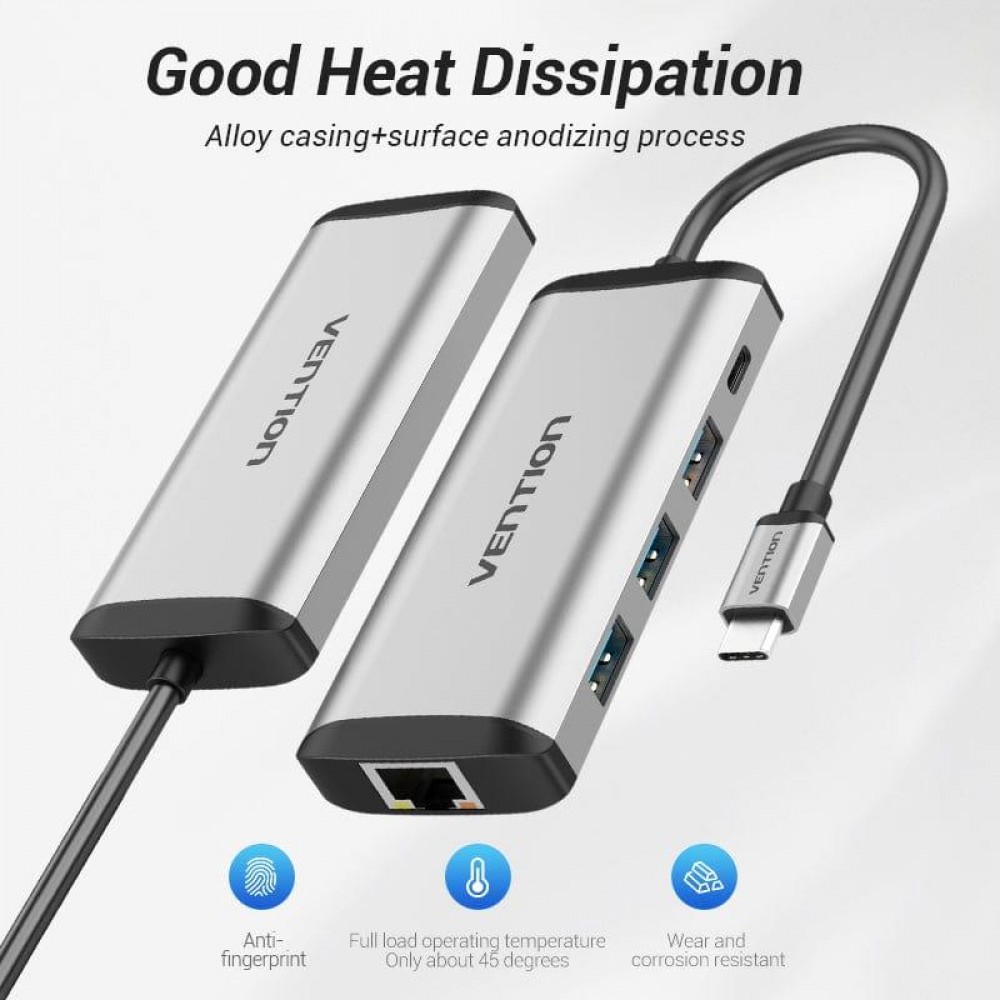 Концентратор Vention USB-C 3-Port, RJ-45, PD, 0.15 м (TGDHB)