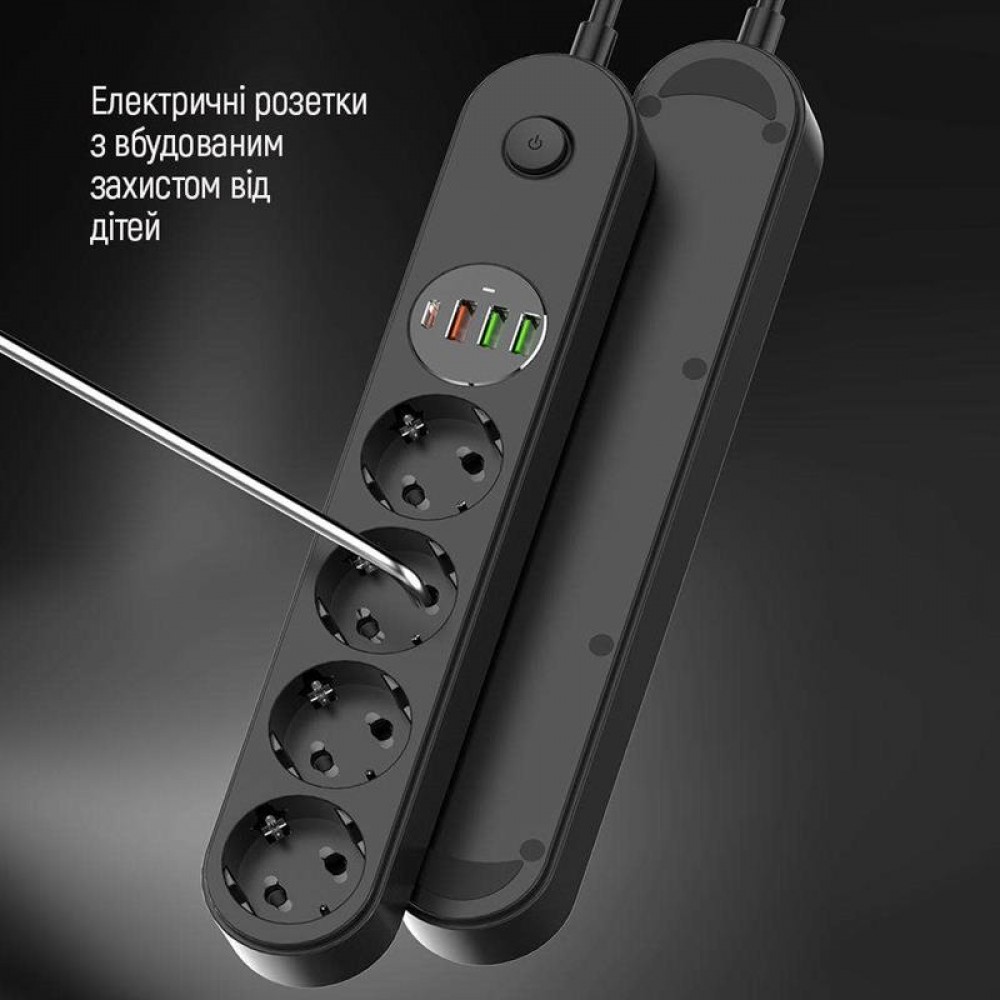 Фільтр живлення ColorWay CW-CHE44PDB 4 розетки, 4USB (Type-C PD20W + 3USB QC3.0) (45W), 2м, Black