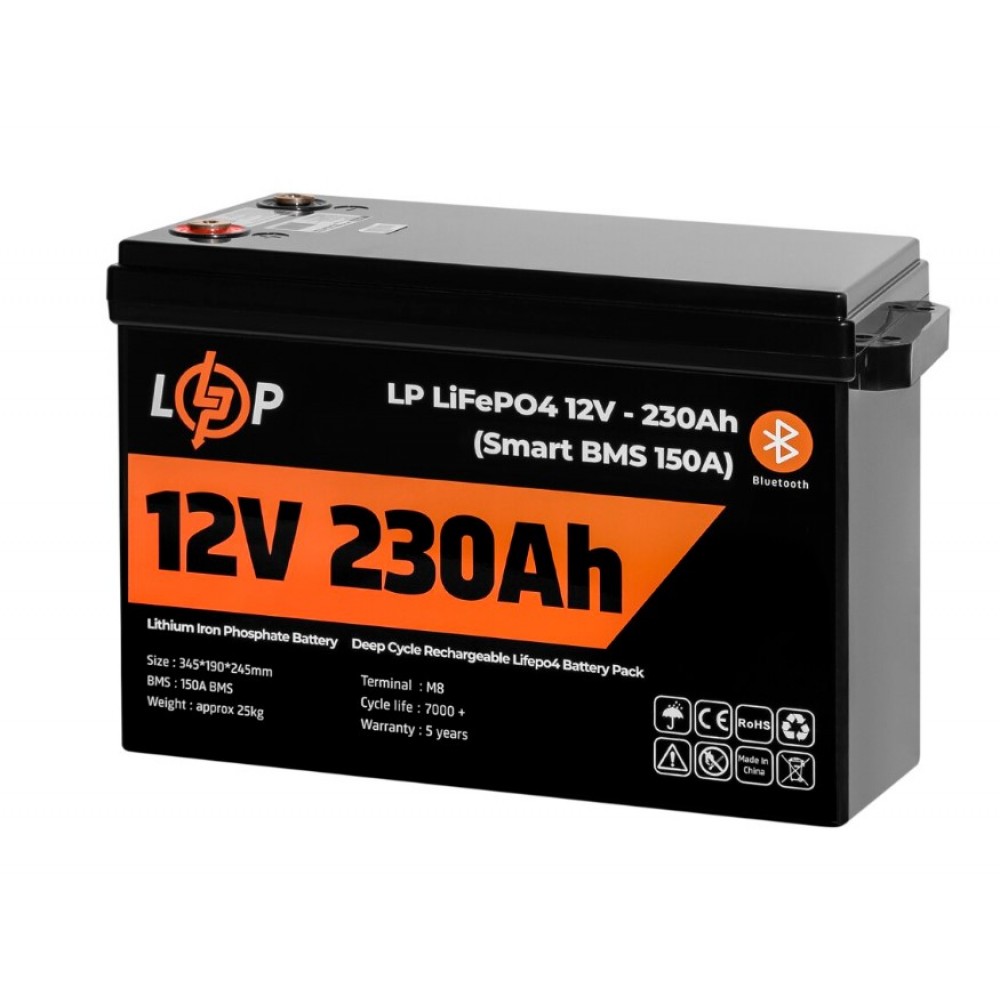 Акумуляторна батарея LogicPower 12V 230 AH (2944Wh) Smart BT для ДБЖ (BMS 150A/75А) LiFePO4