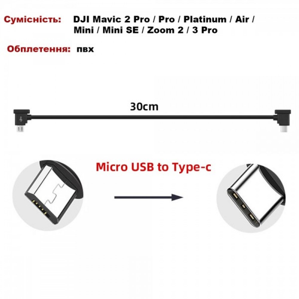 Кабель Goojodoq MicroUSB-Type-C PVC для пульта DJI Mavic 2 Pro/Pro/Platinum/Air/Mini/Mini SE/Zoom 0.3m Black (32866812366P30MT)