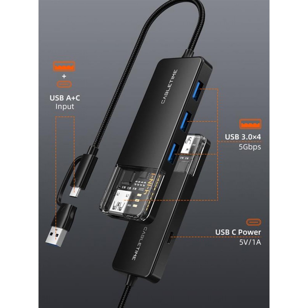 Концентратор Cabletime USB Type C-4 Port USB 3.0, 0.15 m (CB03B)