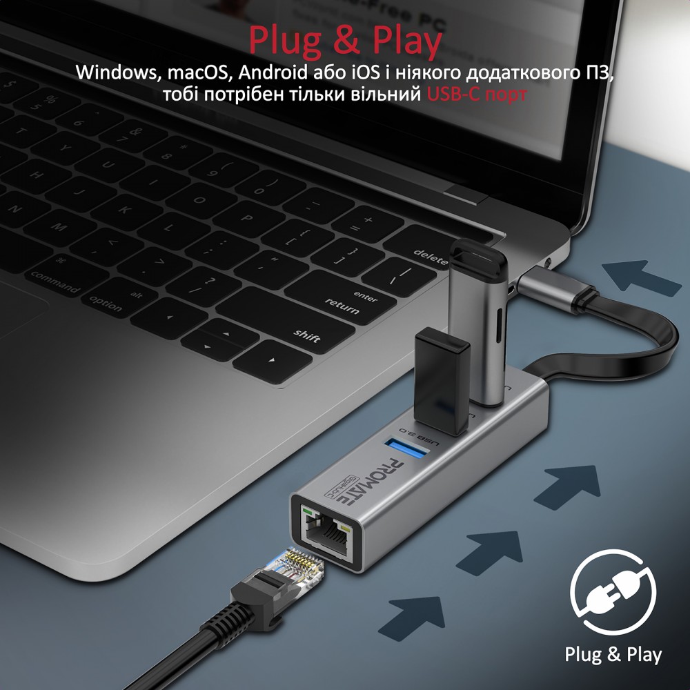 Концентратор USB Promate GigaHub USB-C Grey (gigahub-c.grey)