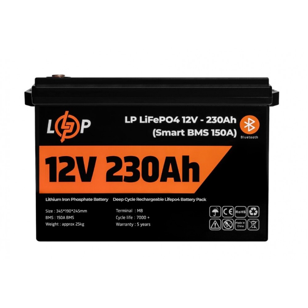 Акумуляторна батарея LogicPower 12V 230 AH (2944Wh) Smart BT для ДБЖ (BMS 150A/75А) LiFePO4