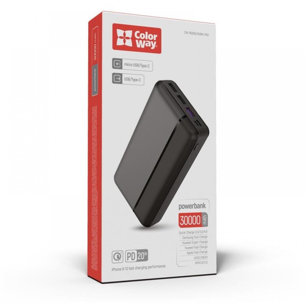 Универсальная мобильная батарея ColorWay 30000mAh Black (CW-PB300LPA3BK-PD)