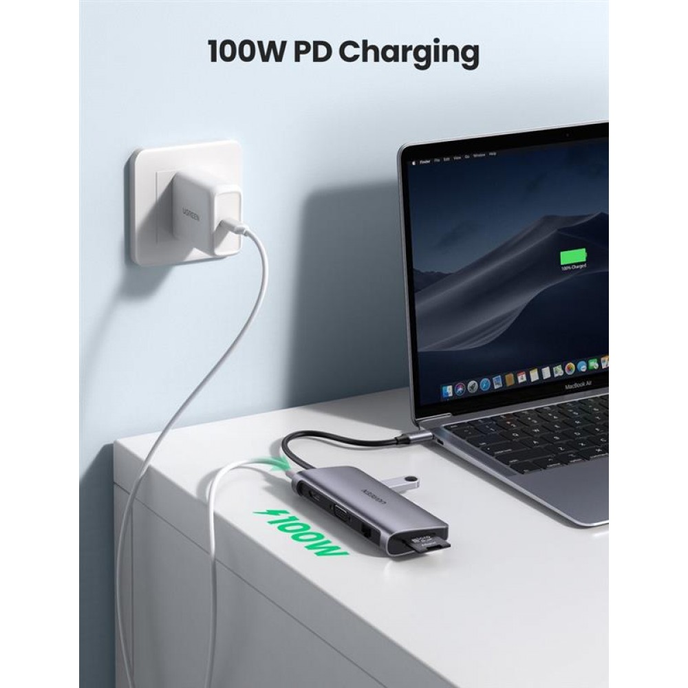 Концентратор USB Type-C Ugreen CM179 3xUSB 3.0 + HDMI + VGA + RJ45 1000M Ethernet + Cardreader, Gray (40873)