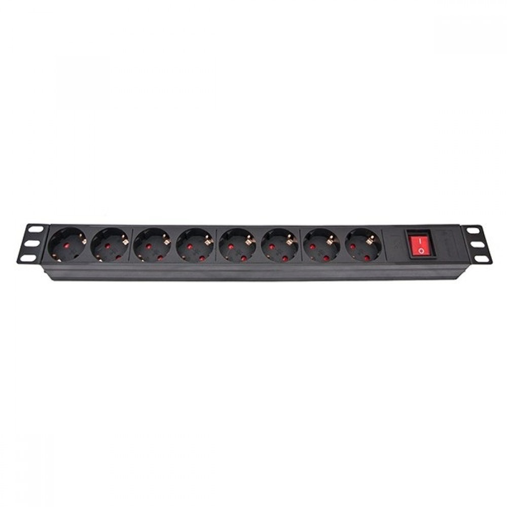 Блок розеток Atcom 1U 19" (PDU-8W-C2С-WS) 8 розеток, з вимикачем, ал. корпус, німецький тип, 2,0 м, чорний