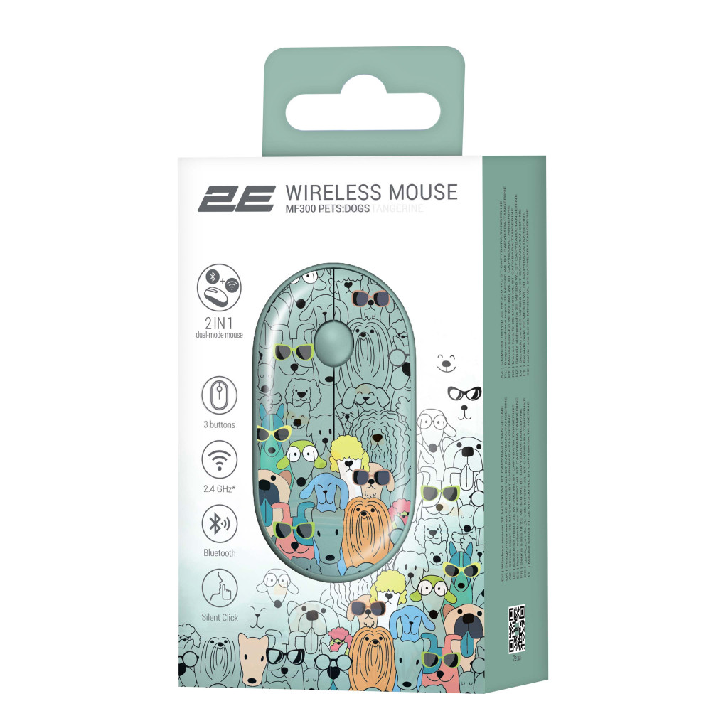 Мышь беспроводная 2E MF300 Pets Dogs Silent WL BT Green (2E-MF300WPETSGN)