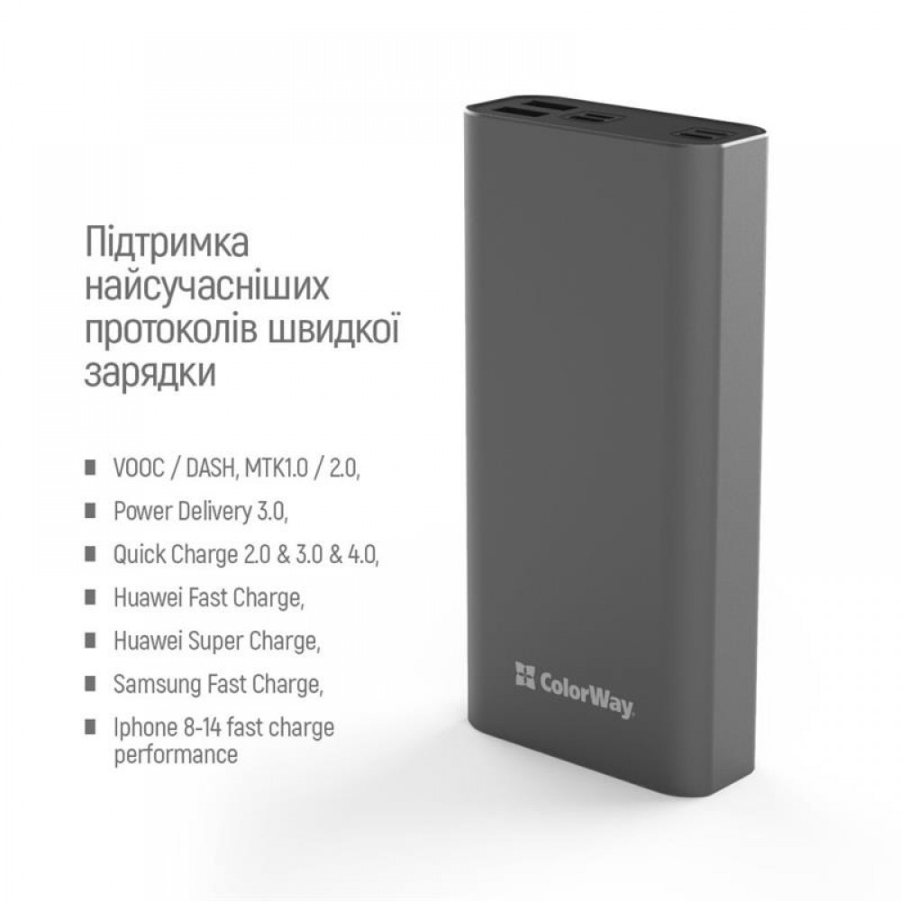 Power Bank ColorWay 20000mAh Gray (CW-PB200LPH3GR-PDD)