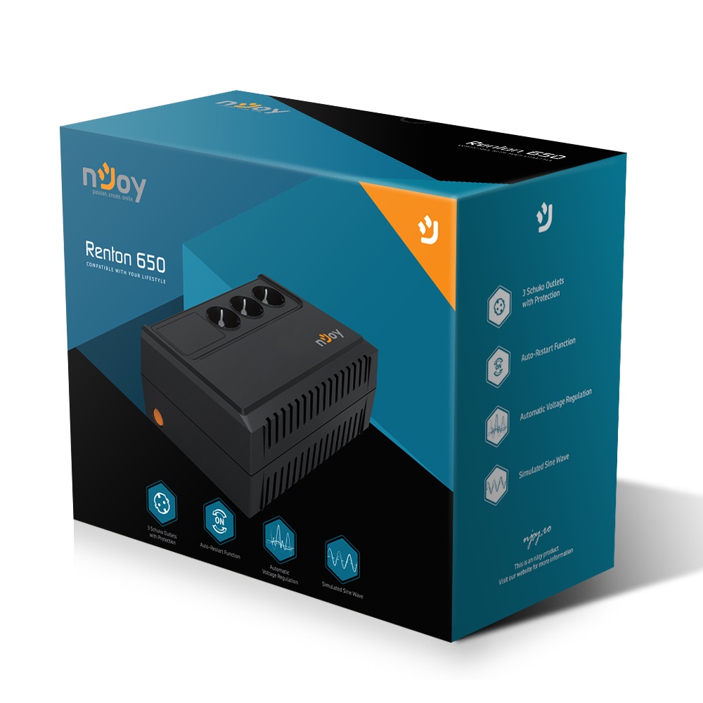 ДБЖ Njoy Renton 650 (UPLI-LI065RE-CG01B) Lin.int., AVR, 3 x евро, пластик