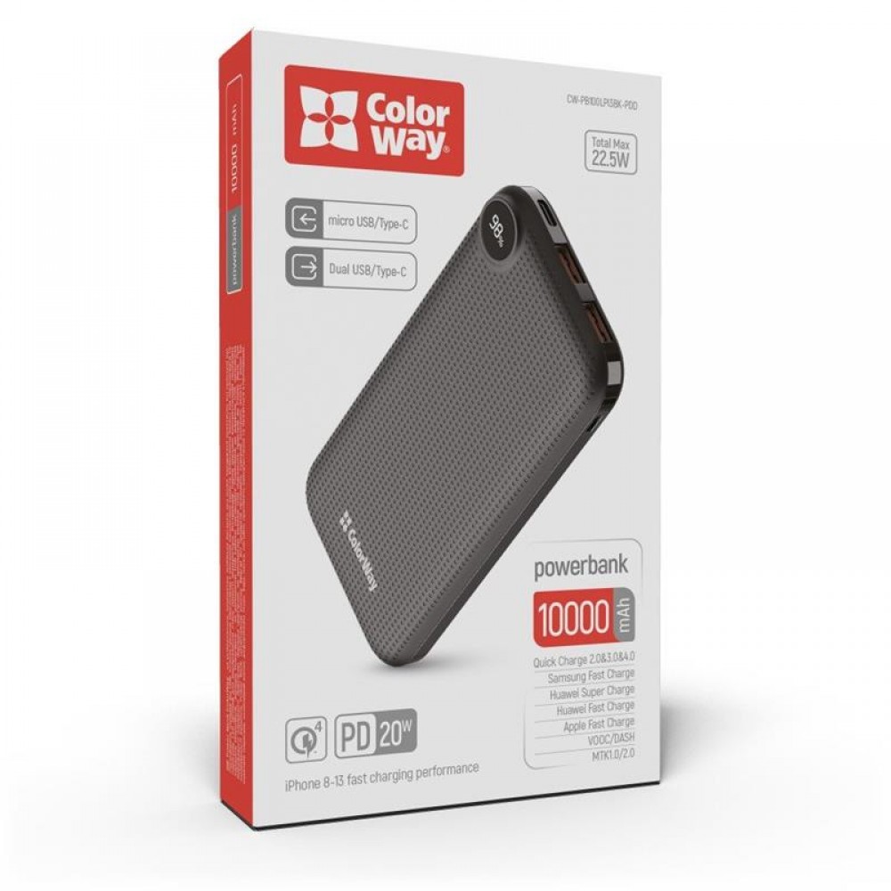 Power Bank ColorWay LCD 10000mAh Black (CW-PB100LPI3BK-PDD)