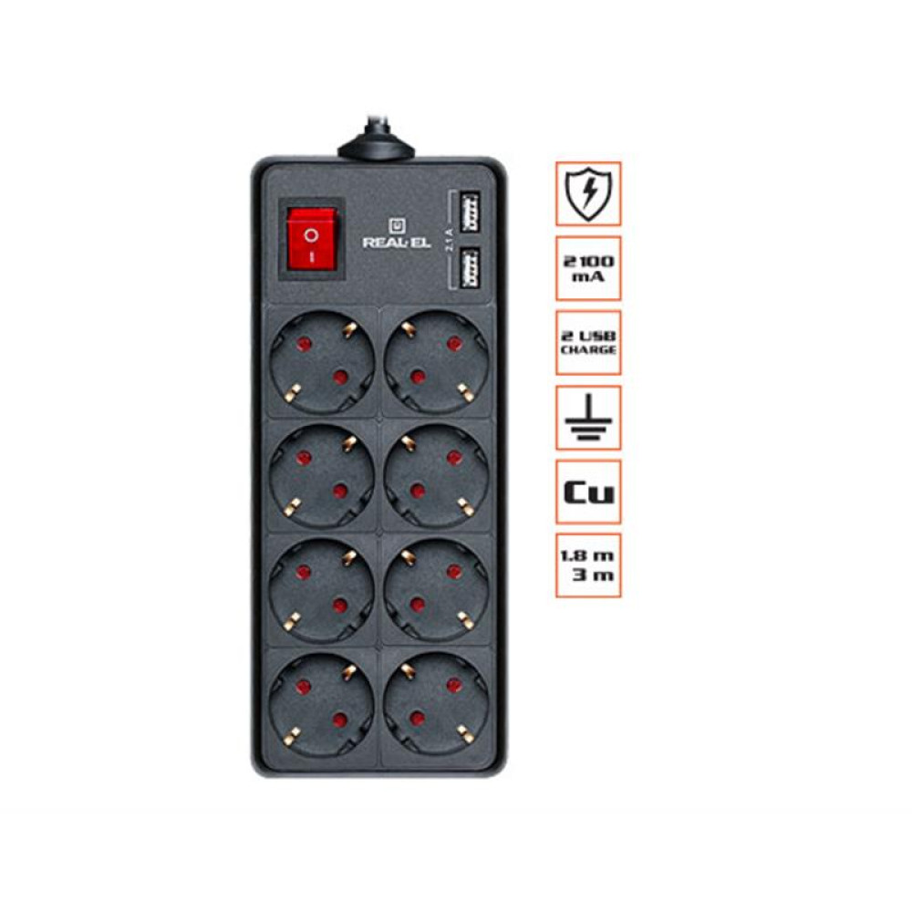 Фильтр питания REAL-EL RS-8 Protect USB 3.0m Black