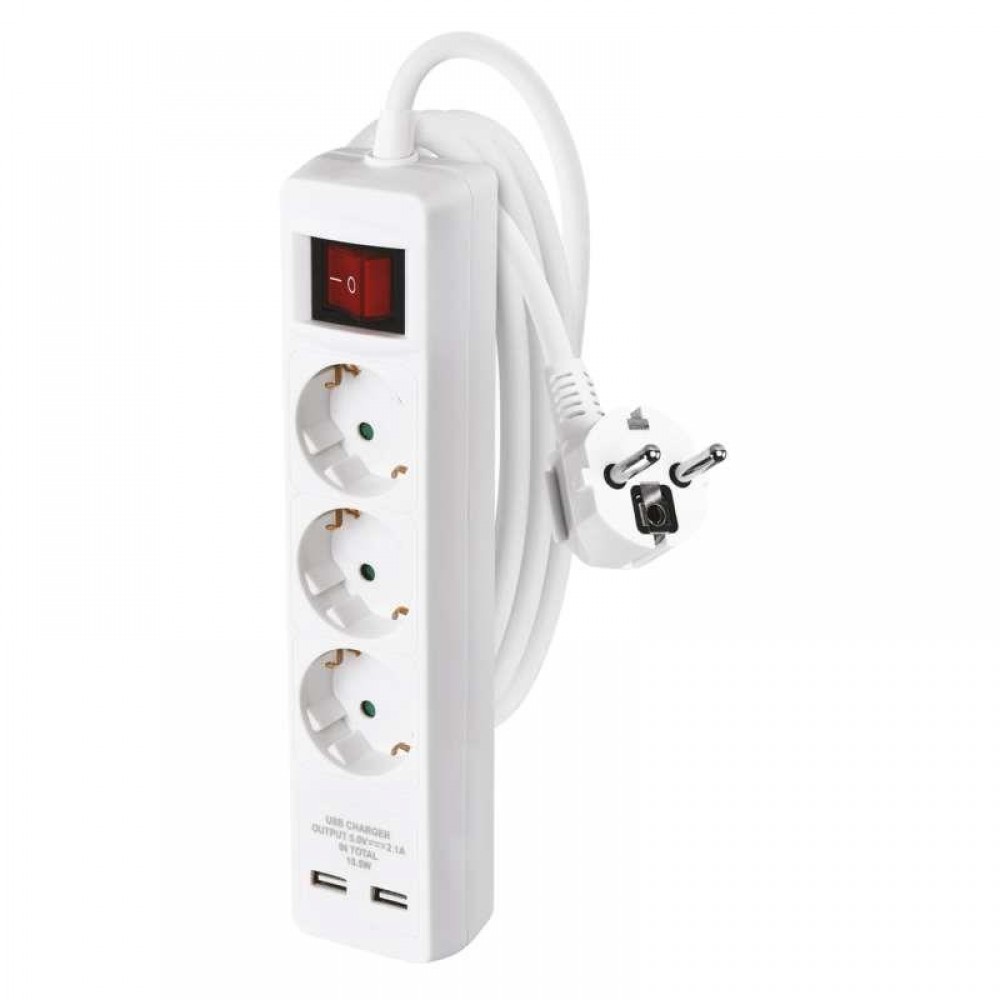 Фільтр живлення Emos (P1322RU) з вимикачем, 2xUSB, 3 розетки, 2м, White