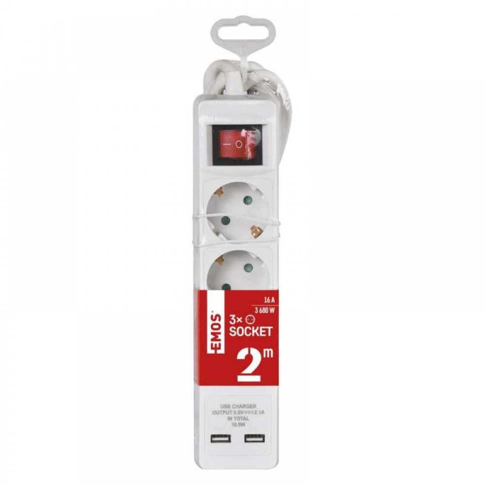 Фільтр живлення Emos (P1322RU) з вимикачем, 2xUSB, 3 розетки, 2м, White