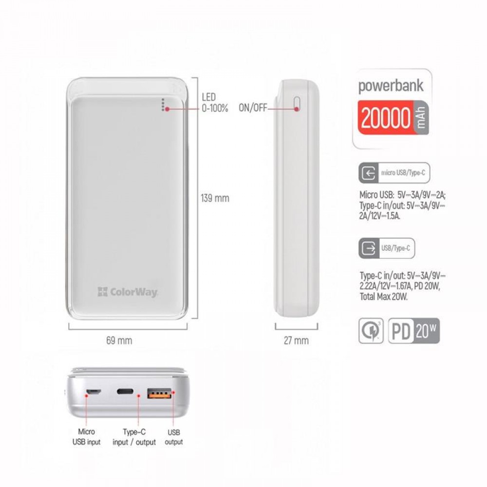 Универсальная мобильная батарея ColorWay Slim 20000mAh White (CW-PB200LPG3WT-PD)