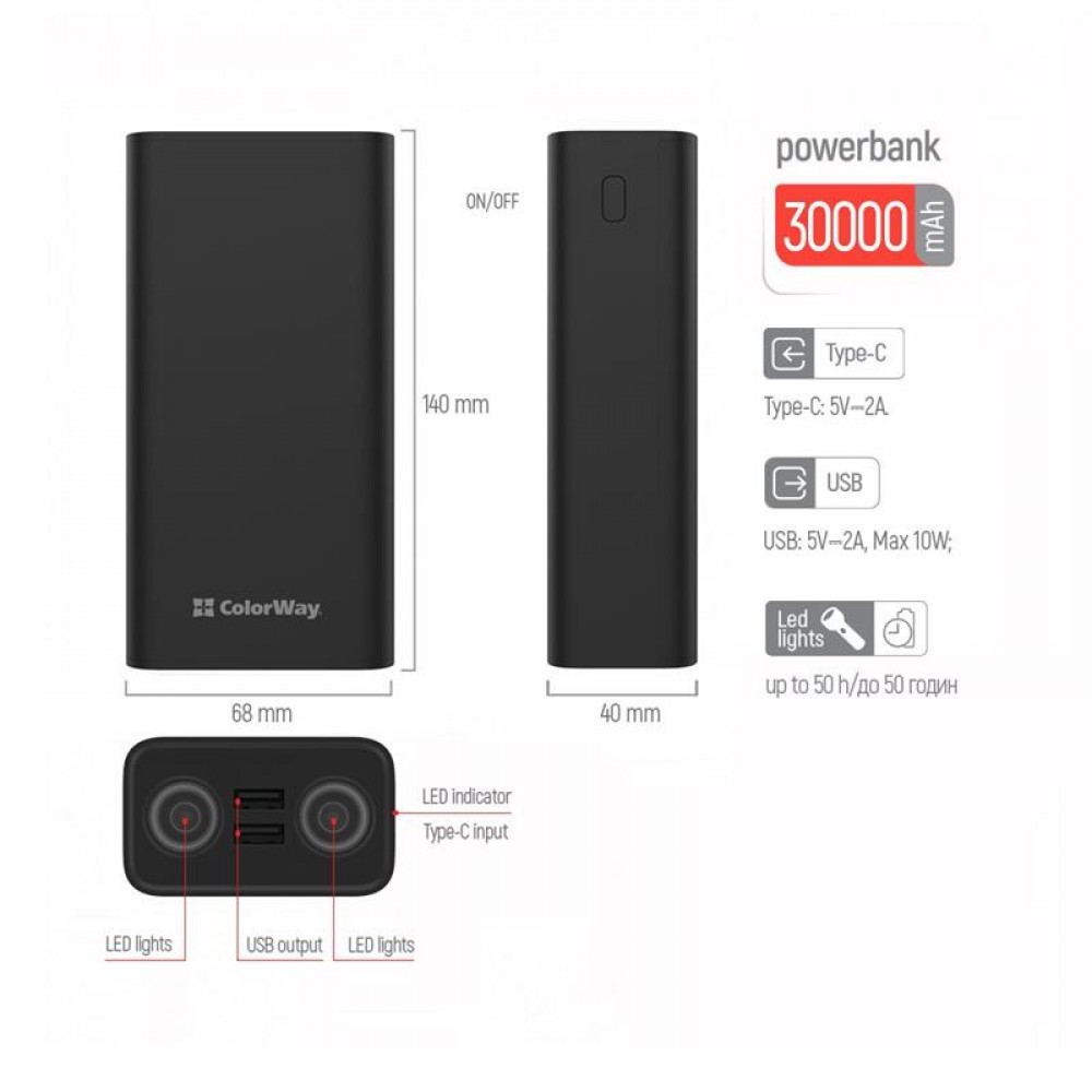 Power Bank ColorWay Lamp 30000mAh Black (CW-PB300LPB3BK-F)