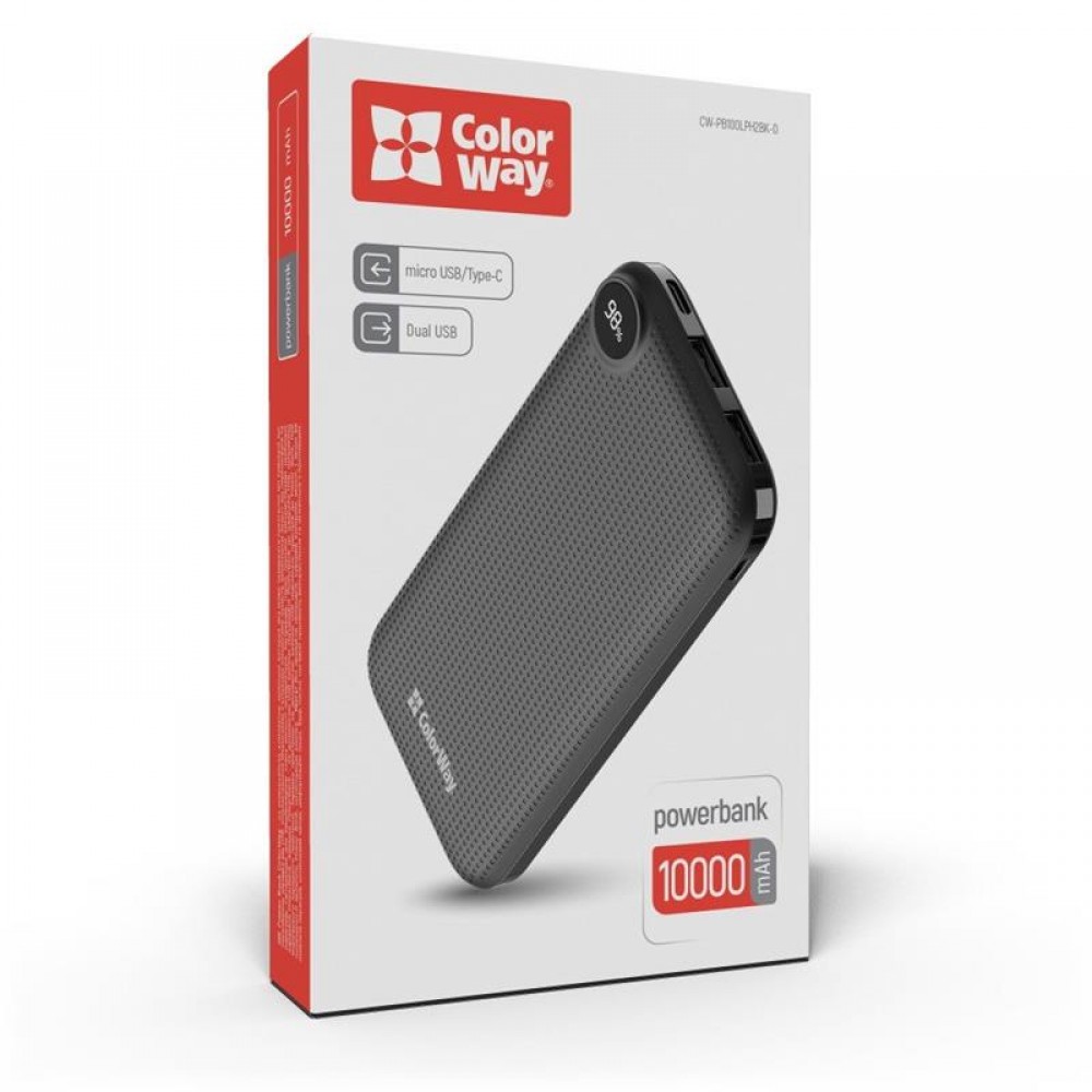 Универсальная мобильная батарея ColorWay Slim, LCD 10000mAh Black (CW-PB100LPH2BK-D)