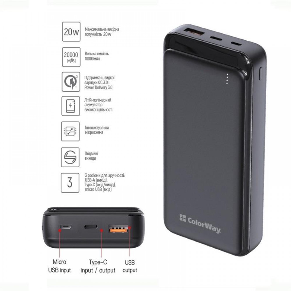 Универсальная мобильная батарея ColorWay Slim 20000mAh Black (CW-PB200LPG3BK-PD)