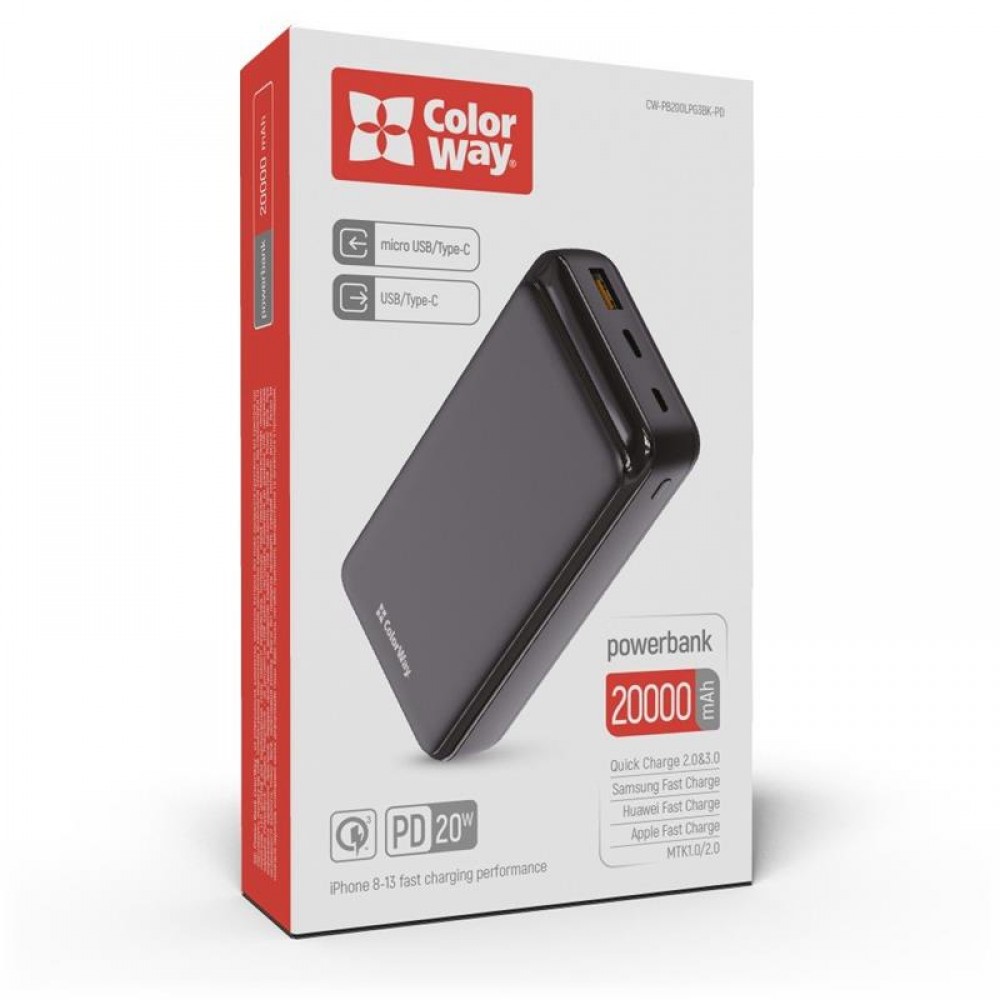 Универсальная мобильная батарея ColorWay Slim 20000mAh Black (CW-PB200LPG3BK-PD)