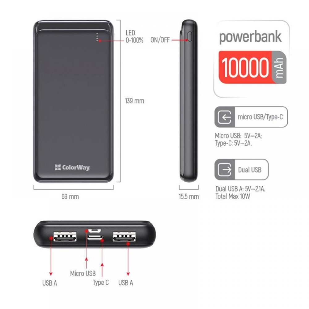 Power Bank ColorWay Slim 10000mAh Black (CW-PB100LPF2BK)