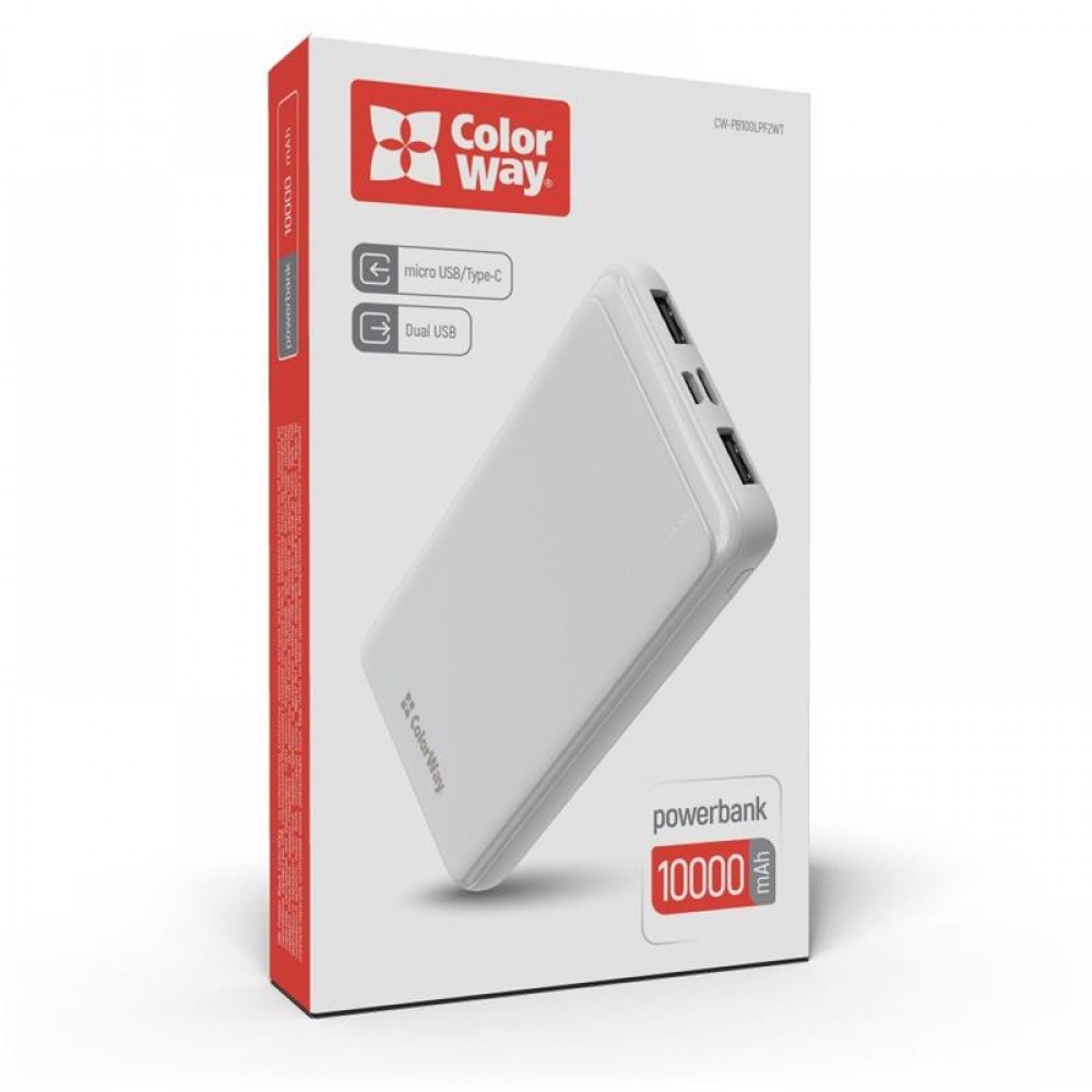 Универсальная мобильная батарея ColorWay Slim 10000mAh White (CW-PB100LPF2WT)