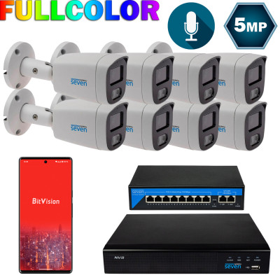 Комплект відеоспостереження на 8 циліндричних 5 Мп FULL COLOR IP-камер SEVEN IP-7225W8FC-5MP
