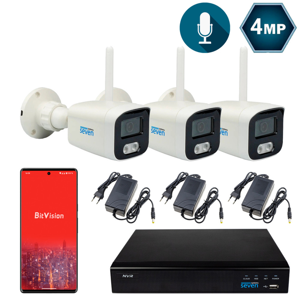 Комплект видеонаблюдения на 3 цилиндрические Wi-Fi 4 Мп IP-камеры SEVEN IP-7224WF3-4MP