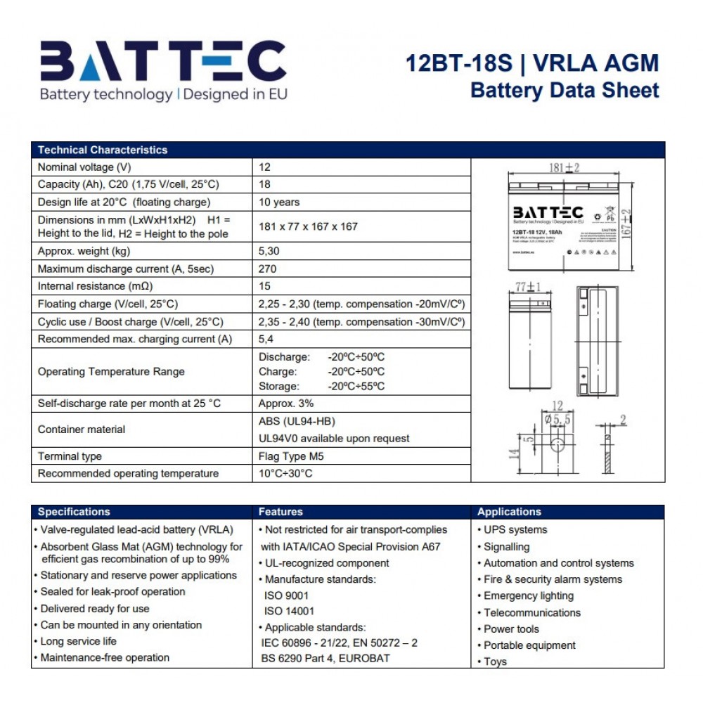 Аккумуляторная батарея 12В/18Ач BATTEC