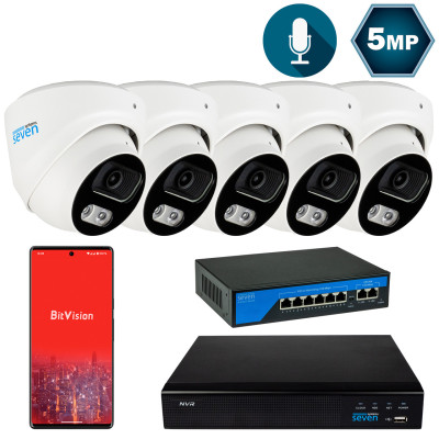 Комплект видеонаблюдения на 5 купольных 5 Мп IP-камеры SEVEN IP-7215W5-5MP